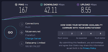 A screenshot of CyberGhost VPN data, including ping, download, and upload speeds. 