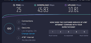 A screenshot of CyberGhost VPN data, including ping, download, and upload speeds. 
