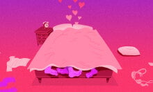 illustration of two people under the covers in bed with clothes strewn around the room