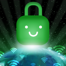 Illustration of a smiling green padlock above WiFi symbols radiating from Earth. 