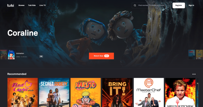 tubi streaming service home page with coraline featured on top