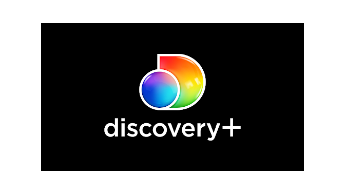 discovery+ logo with rainbow icon and white font on black background