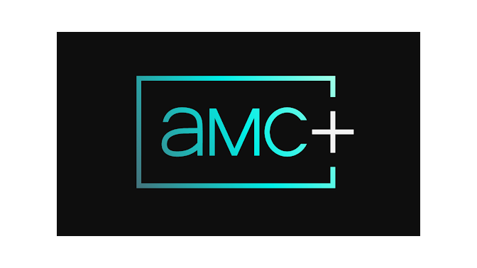 amc plus logo with blue and white font on black background