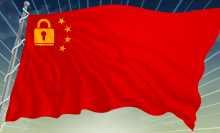Stylized illustration of a Chinese flag with the large star replaced by a padlock. 