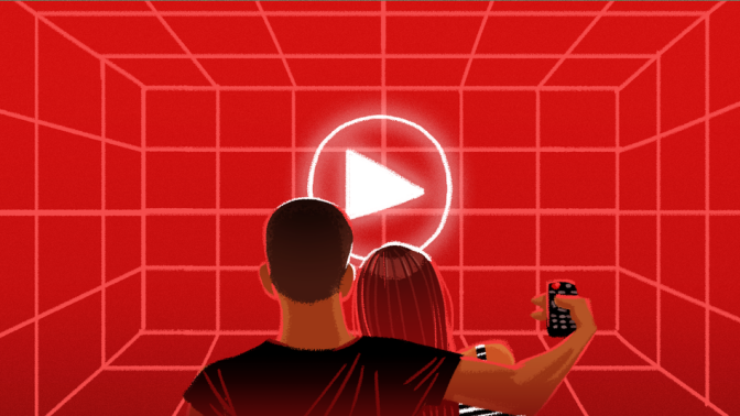 Illustration of people sitting on couch watching tv with red background