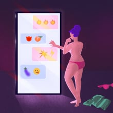 illustrated woman standing in front of a large phone with NSFW emojis on it and clothes strewn on the floor