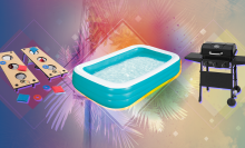 Cornhole, inflatable swimming pool, and grill