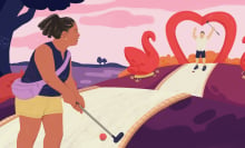 illustration of middle-aged singles on a date playing mini golf