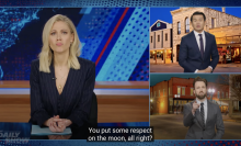 A screenshot from "The Daily Show" showing Desi Lydic, Ronny Chieng, and Jordan Klepper.