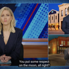 A screenshot from "The Daily Show" showing Desi Lydic, Ronny Chieng, and Jordan Klepper.