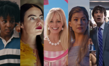 A split screen image shows (left to right): Ayo Edebiri (Bottoms), Emma Stone (Poor Things), Margot Robbie ('Barbie), Rosamund Pike ('Saltburn') and Josh Sharp ('Dicks:The Musical')