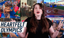 An image showing Mashable Social Media Editor Lily Kartiganer against a collage of athletes winning at the 2024 USA Olympic trials.