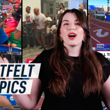 An image showing Mashable Social Media Editor Lily Kartiganer against a collage of athletes winning at the 2024 USA Olympic trials.