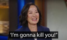 A woman sits in a chair on a talk show, laughing. The caption below in quotes reads, "I'm gonna kill you!"