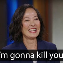 A woman sits in a chair on a talk show, laughing. The caption below in quotes reads, "I'm gonna kill you!"