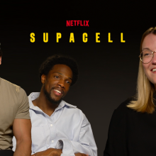 Left to Rish: 'Supacell' cast Calvin Demba , Tosin Cole, and Mashable UK editor Shannon Connellan smile against a 'Supacell' background