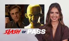 Jessica alba in front of images of action hero villains