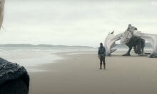 A man stands in front of a dragon on a beach.