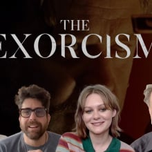 (left to right) Co-writer and director Joshua John Miller, and actors Adam Goldberg, Ryan Simpkins, and David Hyde Pierce smile against a 'The Exorcism' backdrop