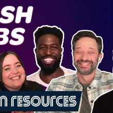 Nick Kroll, Aidy Bryant, Brandon Kyle Goodman and Randall Park smiling next to the Mash Libs logo and the Human Resources logo