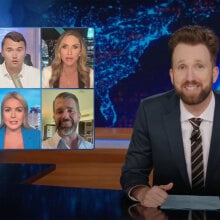 A man in a suit sits behind a talk show desk. In the top-left is a grid of six images, all showing different people.