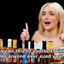 Sabrina Carpenter on "Hot Ones." A quote on the image reads: "Do you do this to yourself willingly? Has anyone ever sued you?"