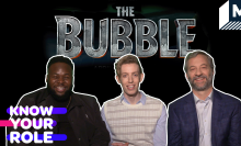 Text reading "The Bubble" with cast in front of it
