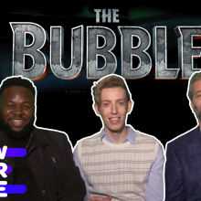 Text reading "The Bubble" with cast in front of it