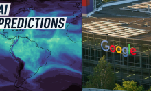 A split-screen image shows a blue atmospheric model of North and South America (left) and a drone shot of the Google headquarters (right). Caption reads "AI predictions"