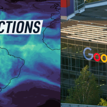 A split-screen image shows a blue atmospheric model of North and South America (left) and a drone shot of the Google headquarters (right). Caption reads "AI predictions"
