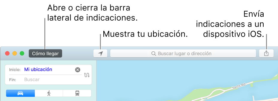 Ventana de mapas con los botones “Cómo llegar”, “Posición actual” y “Compartir” en la barra de herramientas