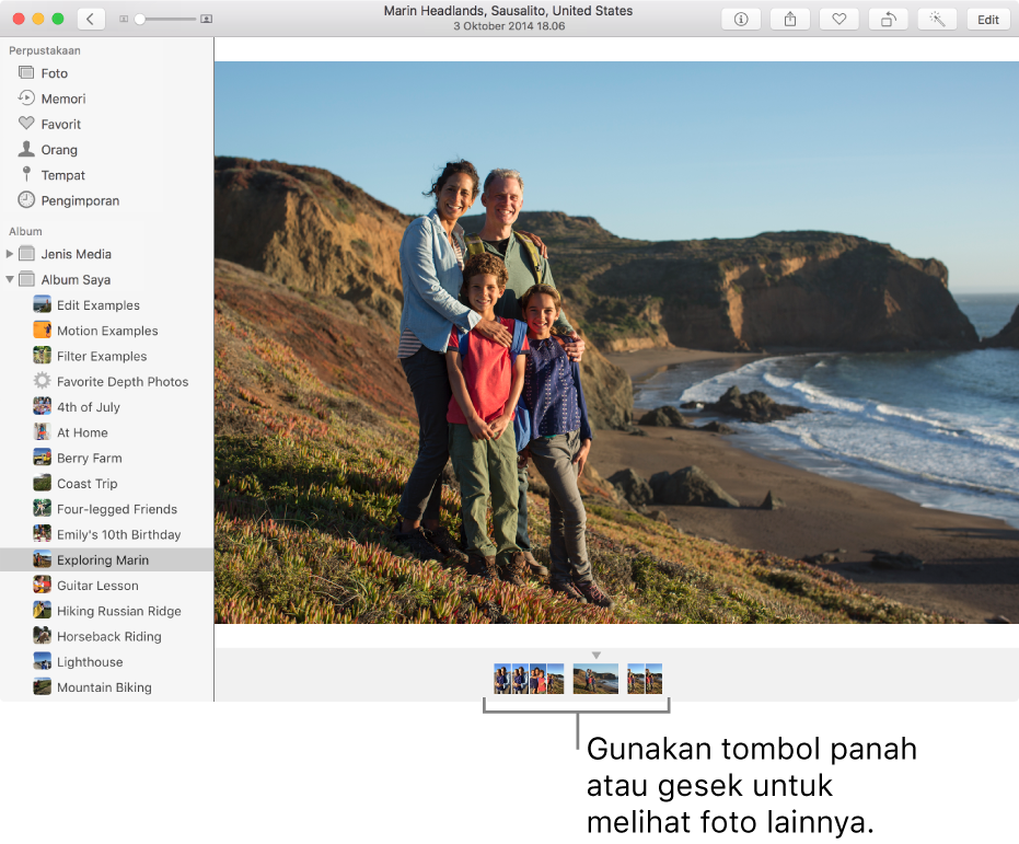 Jendela Foto menampilkan foto di album atau koleksi yang sama di bawah foto.