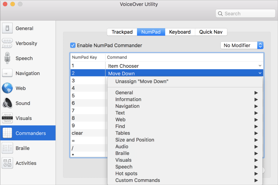 The VoiceOver Utility window showing the Commanders category selected in the sidebar and the NumPad pane selected on the right. At the top of the NumPad pane, the Enable NumPad Commander checkbox is selected. No Modifier is selected from the Modifier pop-up menu. Below the checkbox and pop-up menu is a table with two columns: NumPad Key and Command. The second row is selected and contains 2 in the NumPad Key column and Move Down in the Command column. A pop-up menu below Move Down shows command categories, such as General; each category has an arrow to display commands that can be assigned to the current NumPad key.