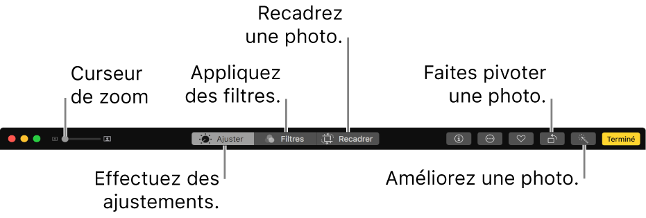 La barre d’outils de modification présentant les boutons pour apporter des ajustements, ajouter des filtres et recadrer des photos.