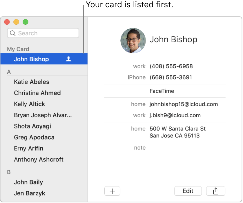 The Contacts sidebar showing the “me” card listed at the top.