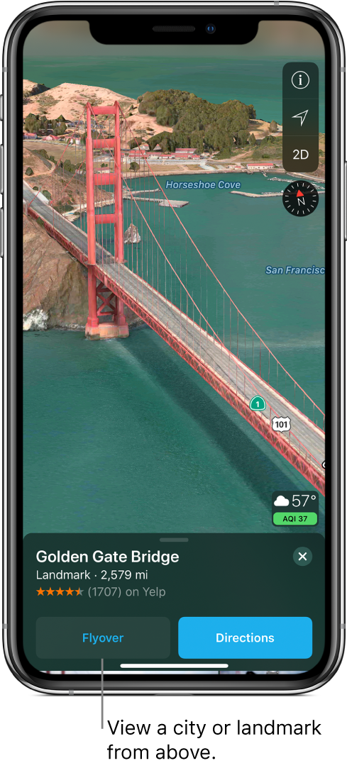 An image of a portion of the Golden Gate Bridge. At the bottom of the screen, a banner shows the Flyover button to the left of the Directions button.