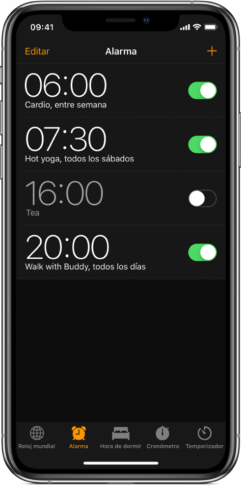 La pestaña Alarma mostrando cuatro alarmas configuradas a diferentes horas.