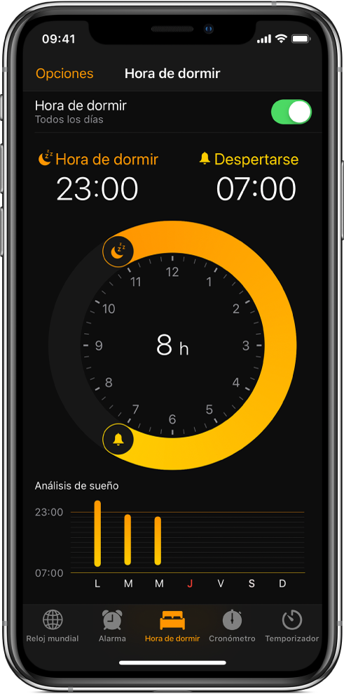 La pestaña "Hora de dormir" mostrando la hora de dormir a las 11 p.m. y la hora de despertar a las 7 a.m.