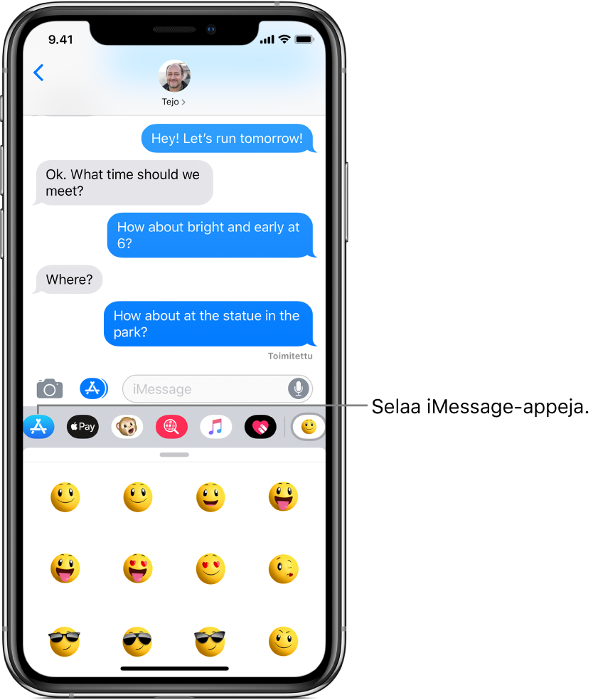 Viestit-keskustelu, jossa on valittuna iMessage-appiselain-painike. Avoimessa appipalkissa näkyy hymiötarroja.