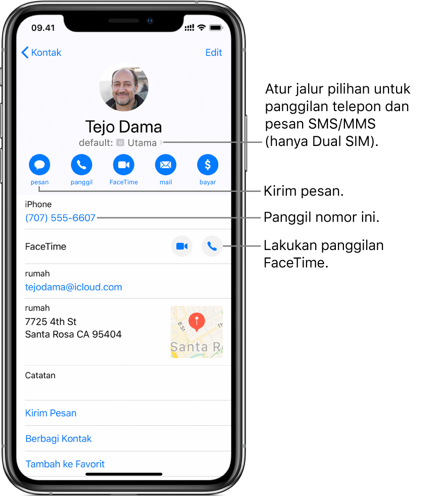 Layar info untuk kontak. Di bagian atas adalah nama dan foto kontak. Di bawahnya adalah tombol-tombol untuk mengirimkan pesan, melakukan panggilan telepon, melakukan panggilan FaceTime, dan mengirimkan pesan email. Di bawah tombol terdapat informasi kontak.