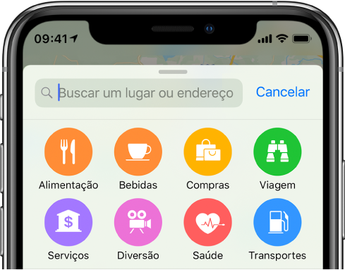 Botões de oito serviços aparecem abaixo do campo de busca. Os botões da linha superior têm os nomes Alimentação, Bebidas, Compras e Viagens. Os botões da linha inferior têm os nomes Serviços, Diversão, Saúde e Transportes.