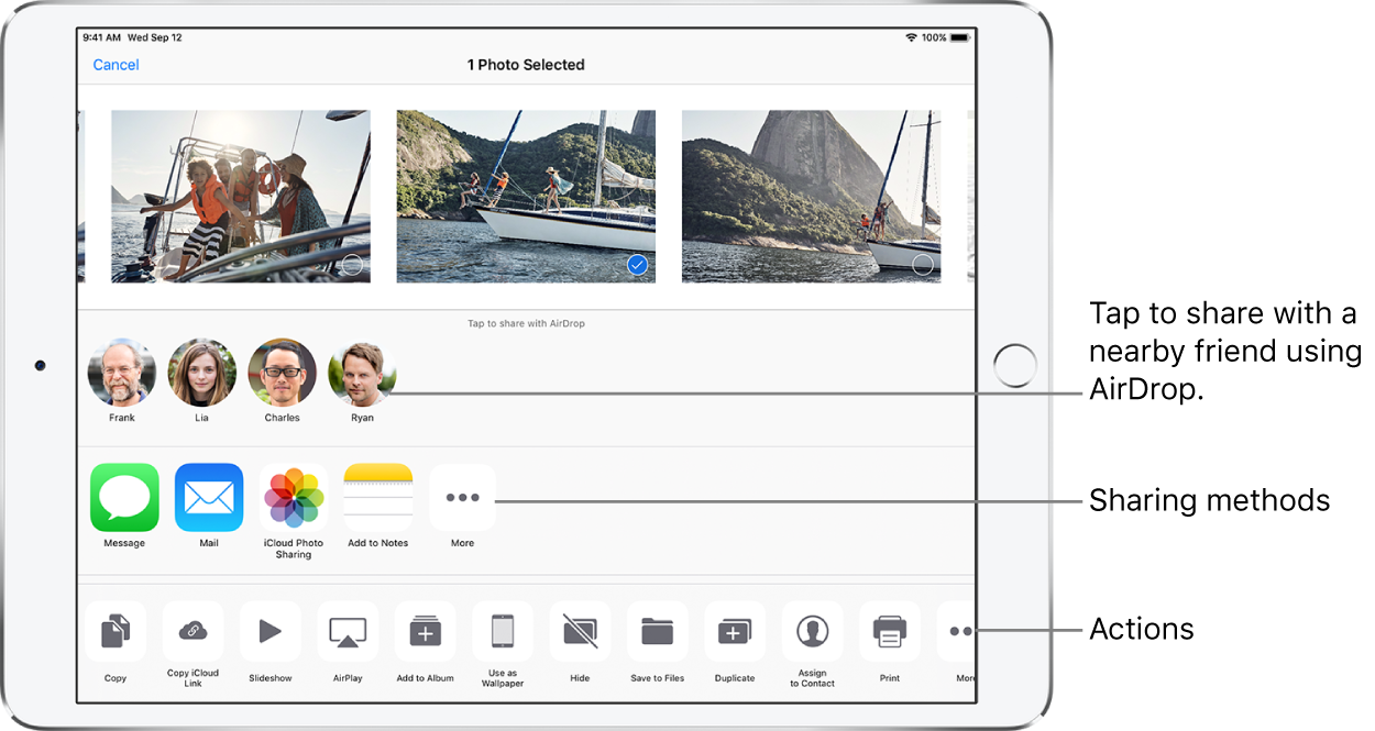 The AirDrop Share screen. At the top are photos to select and share. Below that are people you can share with using AirDrop. The next row shows sharing options, including Message, Mail, Add to Notes, and more. The bottom row shows other actions, including Copy, Slideshow, and AirPlay.