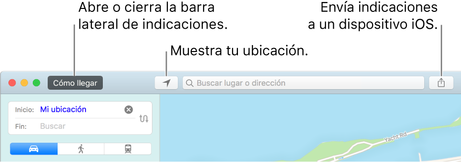 Ventana de mapas con los botones "Cómo llegar", "Posición actual" y "Compartir" en la barra de herramientas.