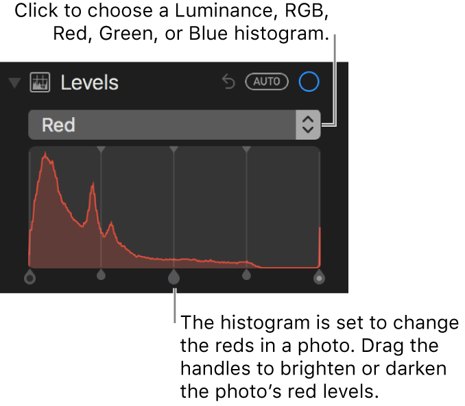 The Level controls and histogram for changing the reds in a photo.