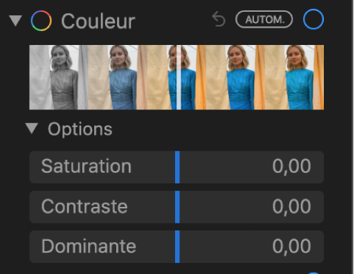 La zone Couleur de la sous-fenêtre Ajuster présentant les curseurs Saturation, Contraste et Dominante.