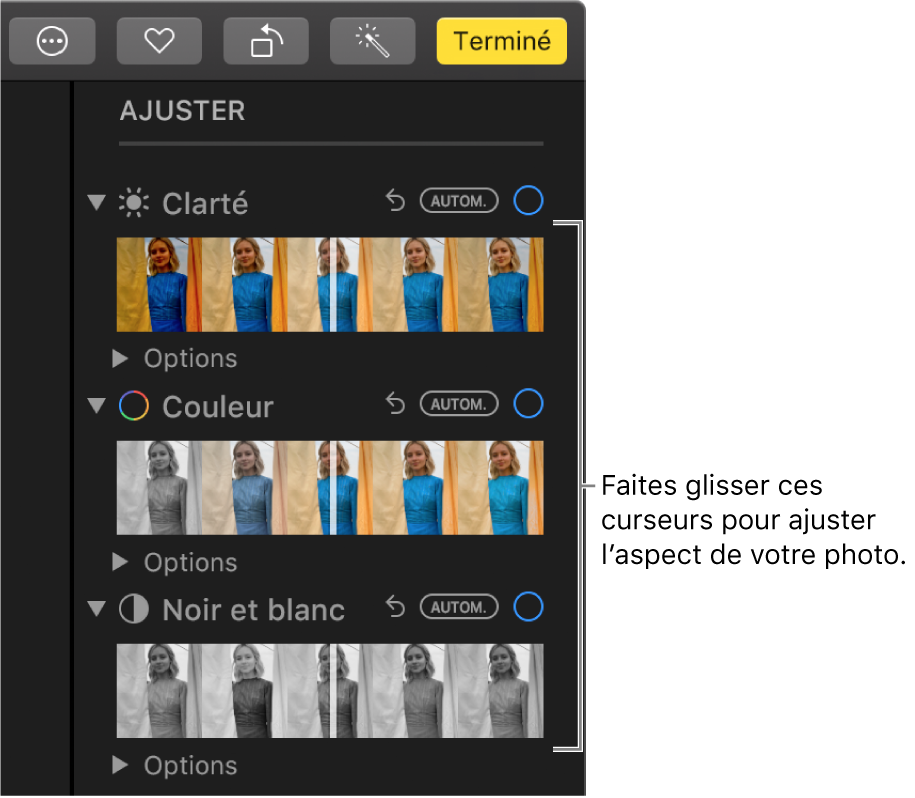 Les curseurs Clarté, Couleur et Noir et blanc dans la sous-fenêtre Ajuster. Un bouton Autom. s’affiche au-dessus de chaque curseur.