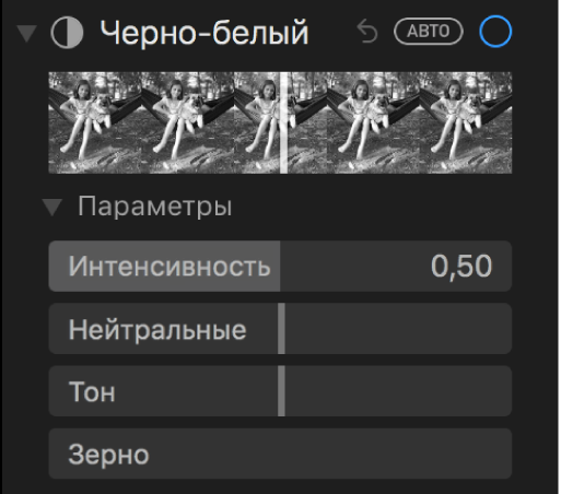 Область «Черно-белый» панели «Коррекция» с бегунками «Интенсивность», «Нейтральные», «Тон» и «Зерно».