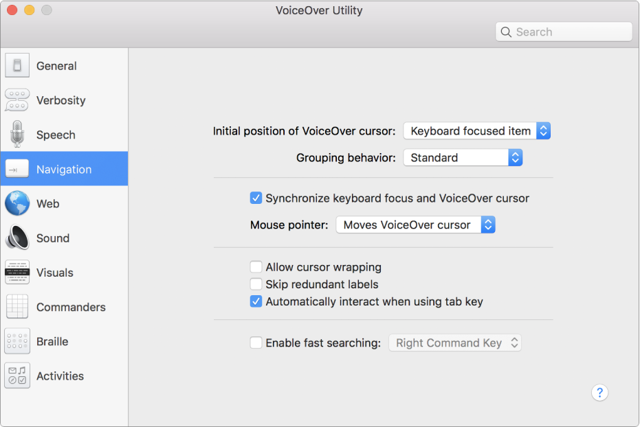 The VoiceOver Utility window showing the Navigation category selected in the sidebar on the left and its options on the right. At the bottom right corner of the window is a Help button to display VoiceOver online help about the options.