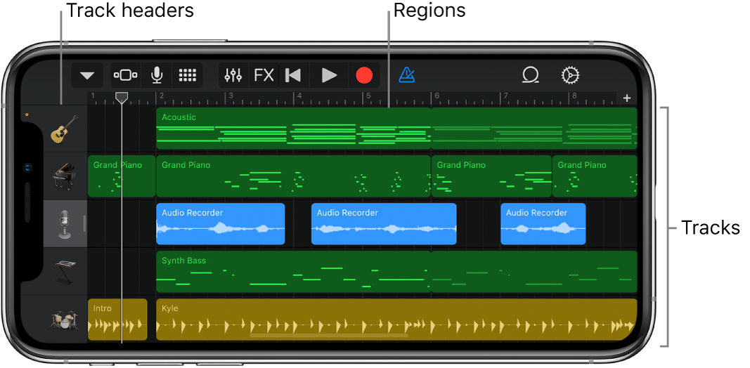 Tracks view, showing tracks, headers, and regions