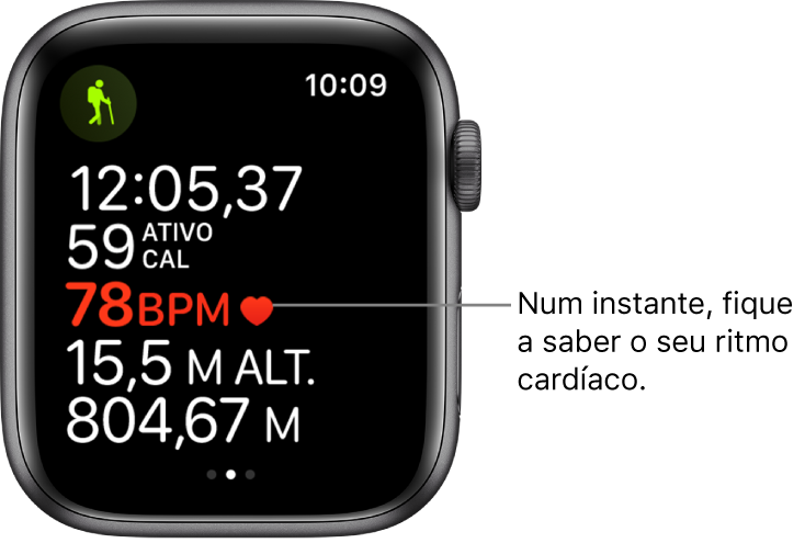 Um ecrã com estatísticas de treino, incluindo o tempo decorrido e o ritmo cardíaco. A chamada diz, “Num instante, fique a saber o seu ritmo cardíaco.”